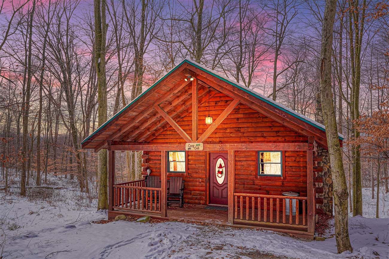 front porch of cabin in woods